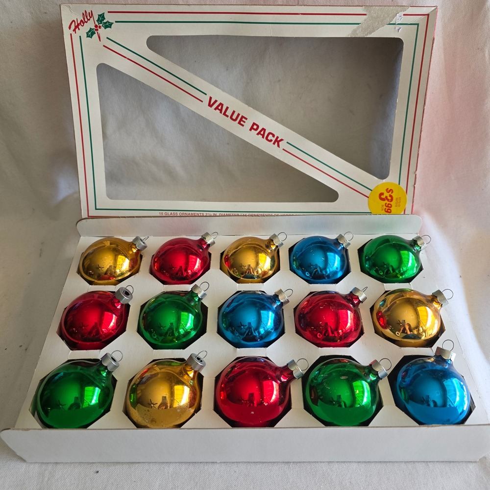 VTG Holly 15 Mercury Glass Christmas Ornaments Value Pack Multi Color 2.25"